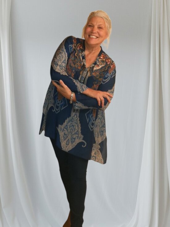 Johnny Was Biza Handkerchief Blue Paisley Silk Boho Tunic Top Sz XL - Picture 2 of 11